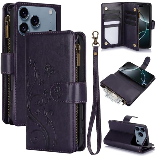 Étui portefeuille iPhone 17 Pro en cuir housse protection violet foncé zippée papillon