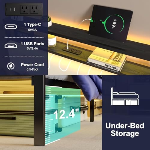 Image of J.Fkne Twin Bed Frames with LED Lights & Charging Station, Metal Platform Frame with Upholstered Headboard, No Box Spring Needed, Noise Free, Easy Assembly