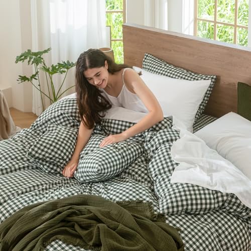 Image of MooMee Gingham Duvet Cover Set 100% Washed Cotton Linen Like Oversized King | Relaxed Linen-like Texture. Soft, Breathable & Long-lasting Comfort. Lightweight. Hidden Zipper with 8 Interior Corner Ties
