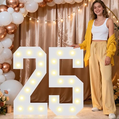 Image of Pooqla 2.4FT Light Up Numbers for 25 Year Old Boy Girl Gifts, Marquee Numbers 2.4 Feet Tall Party Decor for Her Him, Mosaic Big Sign for 25th Birthday Decoration Backdrop, Warm White Large Number 25