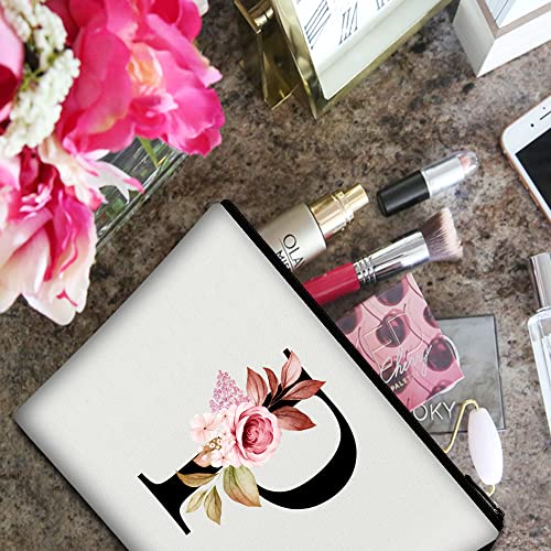 Image of Vavabox A-Z Personalized Makeup Bag, Birthday Gifts for Women Mom, Gifts for Best Friend, Bride Bridesmaid Cosmetic bag (P, 01-White)