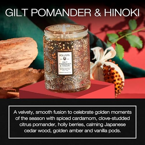 Image of Voluspa Gilt Pomander Hinoki, Small Candle Jar, 5.5 Ounces, 50 Hour Burn Time, Coconut Wax for Clean Burning, Handcrafted in the USA