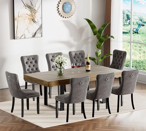 Image of Brown Dining Room Table Set for 8, 9-Piece 63 inch-78.74 inch Extendable Dining Table Set with 8 Upholstered Chairs, Rectangle Wooden Expanding Kitchen Table and Grey Chairs Set