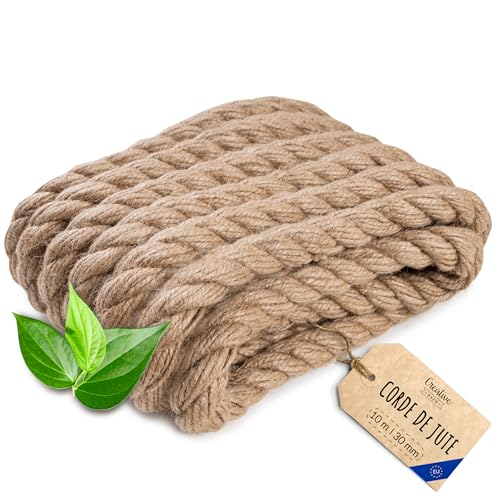 Creative Deco 10m Corde de Jute Epaisseur 30mm | Personnalisation Possible Tous Les 5m | Corde Solide et Durable | Torsadé en Fibres Naturelles | Bricolage,...