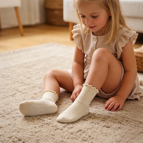Image of Toddler Non Slip Cotton Crew Socks with Anti-slip Dots for Infant Baby Boys Girls 9 Pairs Mix Brown Ruffle