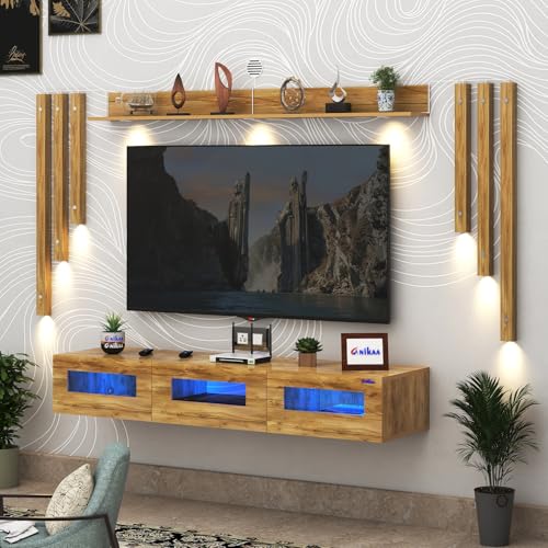 Image of Anikaa RayzaNote Engineered Wood Wall Mount TV Unit Acrylic Blue LED Storage Box, Side Wooden Accent Spot Light I Deal for Up to 50 Inch TV Giantwood - DIY Installation