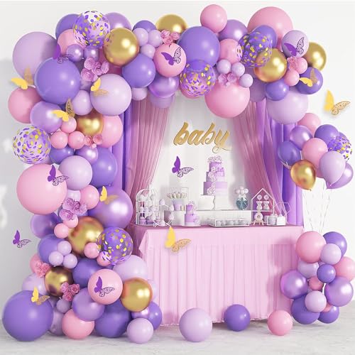 Kit Arco Globos Rosa Morado 125piezas Pegatinas De Mariposa Niña Rosa Morado Globos Cumpleaños Baby Shower Firestas Decoración Para Fiestas Decor Cumpleaños Baby Shower Aniversario Morado