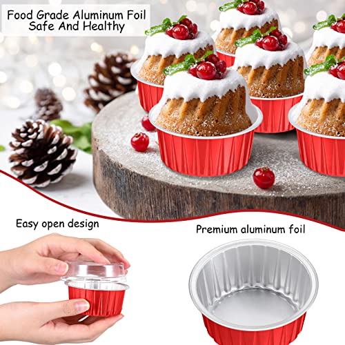 Zopeal 150 Pcs Aluminum Foil Baking Cup Disposable Ramekins With Lids 5Oz Mini Cupcake Liners Flan Mold Mini Cake Pans With Lids Disposable Cake Tins For Pudding Desert Creme Brulee (Red, Silver) #TOP2