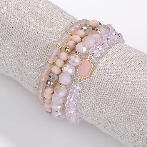 Image of Gold Beaded Bracelet Set, Square Stone Hexagon Druzy Stretch Beaded Stackable Bracelets Bangles