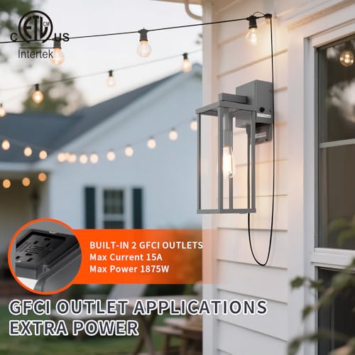 Image of mirrea 18 inch Classic Outdoor Wall Sconce with Built-in GFCI Outlet 1 Light in Matte Gray Rectangular Metal Frame and Clear Glass Shade Waterproof Porch Light Patio Light