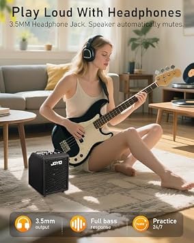 JOYO 30W Bass Amp Portable Combo Amplifier 3-Band EQ & Compressor | Bluetooth + OTG Direct Recording with 15ft Bass Guitar Cable 1/4 Inch Right-Angle Amp Cord (Vibe Cube BA-30, Black & CM-12)