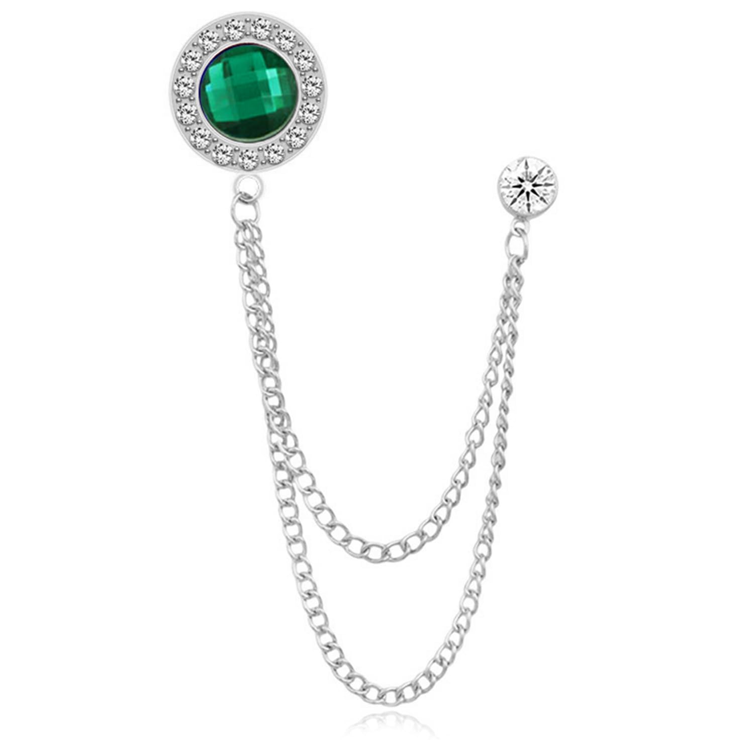 peora Silver Plated Green Crystal Studded Round Double Layer Chain Pin Brooch Stylish Fashion Jewellery Gift for Men-picture-20