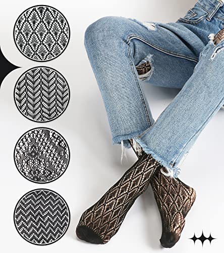 Image of Panda Bros Lace Patterned Fishnet Stockings Thigh High Pantyhose Black Tights for Women