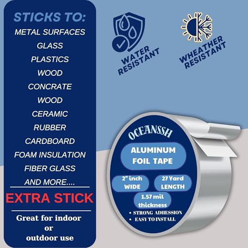 Image of Aluminum Tape - High Temp & Waterproof Foil Tape for Ductwork & Insulation, Strong Adhesive, Heavy Duty Silver Tape, 2 inch x 27 Yards, Ideal for Sealing & Repairs (1.57 mil)