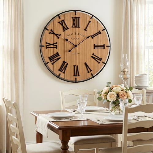 Image of EMAX HOME Inch Large Farmhouse Wall Clock, 3D Raised Roman Numerals on Wooden Background, Silent Quartz Movement, Black Metal Frame for Easy Reading in Entryway, Hallway, or Dining Room