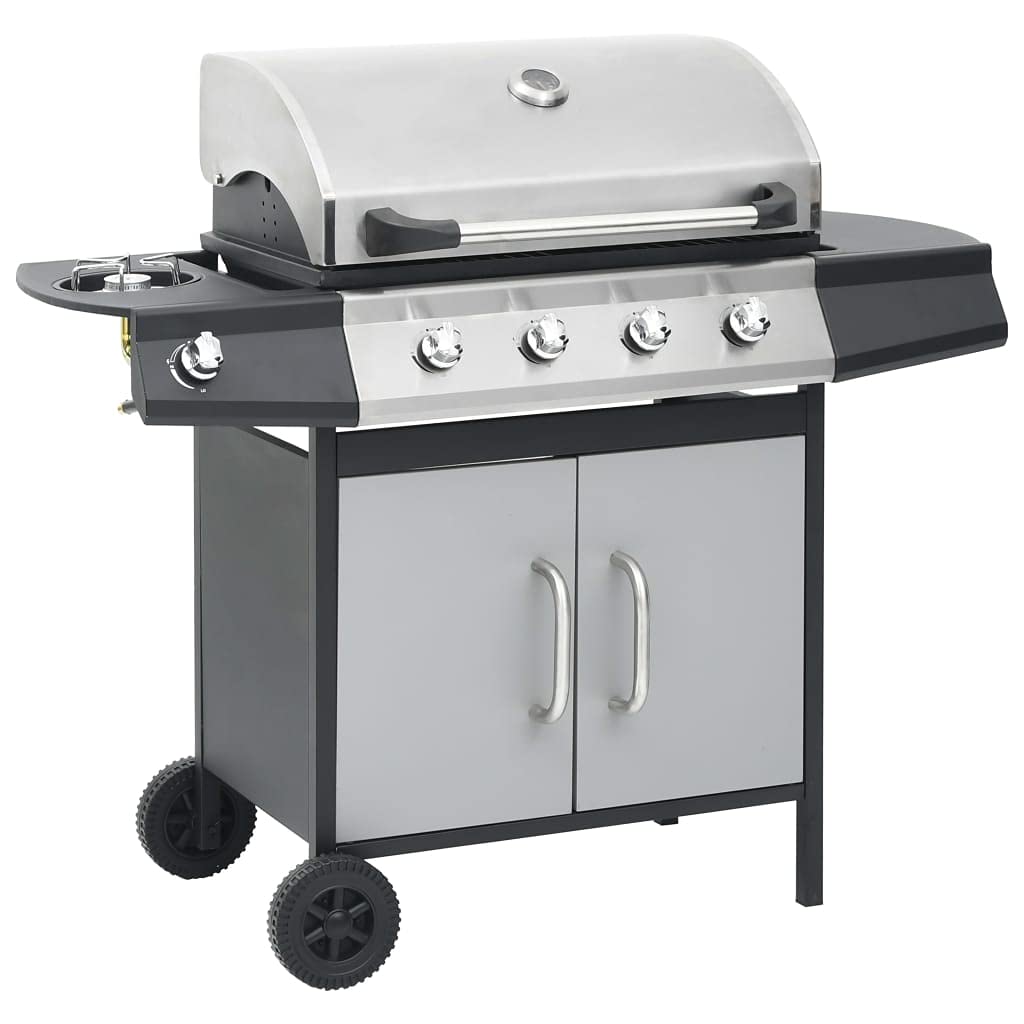 Barbecue a gas 4+1 con fornello laterale e cappa, in acciaio inox, per giardino e terrazza, 13,9 kW, con termometro, nero/argento