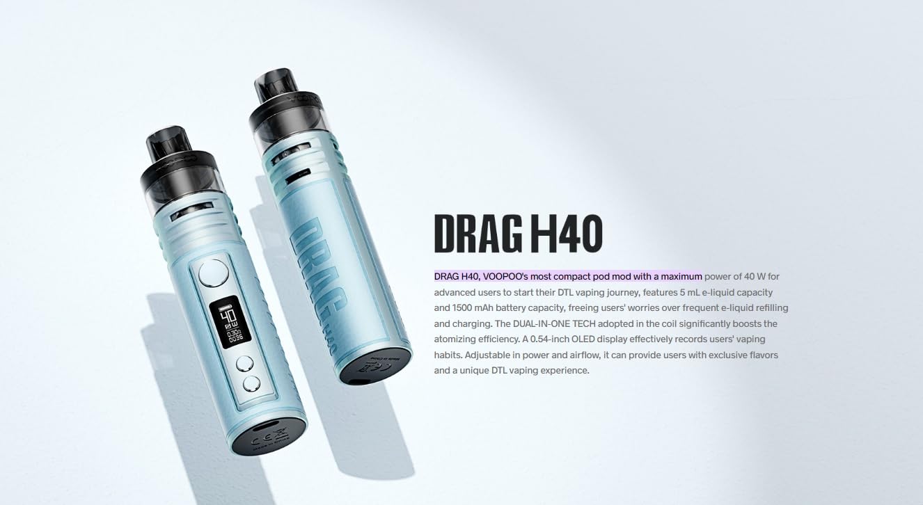 Voopoo Drag H40 Kit: Compact Design, 40W Output, GENE.TT Chip, PnP Pod  Tank, Portable Vaping Solution for Versatile Performance 2mL Voopoo E  Cigarettes Vape Kit (Sky Blue) No Nicotine: Amazon.co.uk: Electronics &