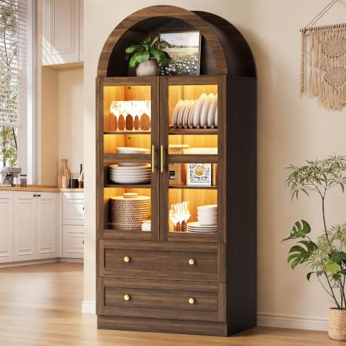 Image of Pamapic Arched Kitchen Pantry Cabinet, 71 inch Tall Arched Cabinet with LED Light & Glass Doors, Farmhouse Kitchen Storage Cabinet with 2 Large Drawers, Wooden Pantry for Dining Room, Living Room (Brown)