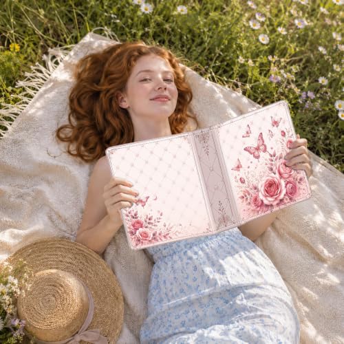 Image of Photo Album 4x6 120 Pockets Quilted Pink Rose Butterfly | 120 clear 4x6 photo pockets, strong elastic band, compact album, family travel wedding use, pink rose butterfly cover