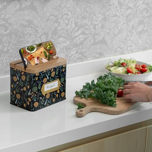 Cabbrix Recipe Box with 50 Cards and 24 Dividers, 4x6 Recipe Card Box Set, Wooden Lid with Phone Holder and Recipe Holder, Beautiful Metal Recipe Organizer, Floral - Thumbnail 2