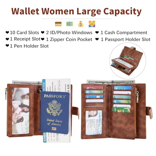 GOIACII Women's Wallet RFID Blocking Trifold Ladies Travel Wallet Purse with Coin Zipper Pocket White & Brown2