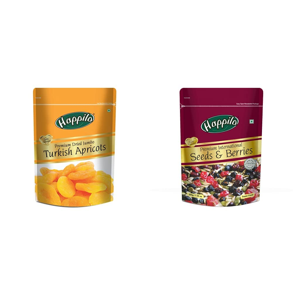 Happilo Dried Premium Turkish Apricots, 200Gm & Premium International Whole Seeds & Berries Pouch, 200 G