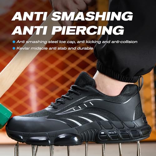 Image of Steel Toe Work Shoes for Men, PU Sole Tennis Upper with Print Lace-up Style, Safety Non Slip Comfortable Shoes for Industrial or Construction