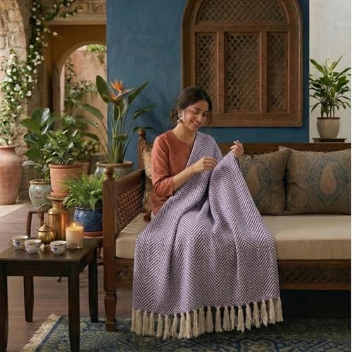 Image of SAJAVAT HOME Hand-Knitted Cotton Sofa Throw | White & Purple with Tassel Design for 3 & 5 Seater Sofa & Bed | Soft Lightweight All-Season Throw Blanket (80x52 Inches)