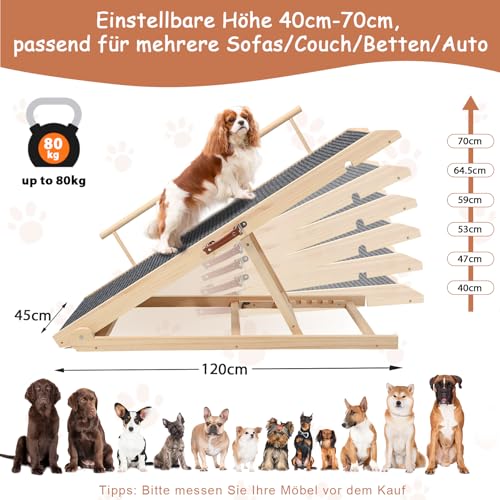 HundeRampe für Bett und Sofa mit Sicherheitsgeländer, höhenverstellbare Hundetreppe für Betten von 40cm bis 70cm mit Rutschfester Matte, Haustier-Rampe aus Holz für Hunde bis 80kg