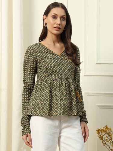 Image of FIORRA Women's Green Cotton Top with Lace Detail and Printed Pattern