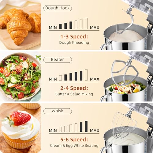 Image of Dough Mixer 8.45 QT Electric Mixer - 660W 6 Speed Large Capacity Kitchen Stand Mixer with Whisk Dough Hook Mixing Beater Household Food Mixer for Baking Cakes Cookie Bread Salad(Silver)