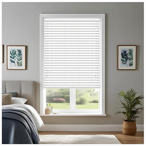 J.Din Made to Measure Blinds Faux Wood Venetian Blinds with String 50MM Slats Easy Fit Windows Treatments Blind (White, 225cm Width x 213cm Drop)