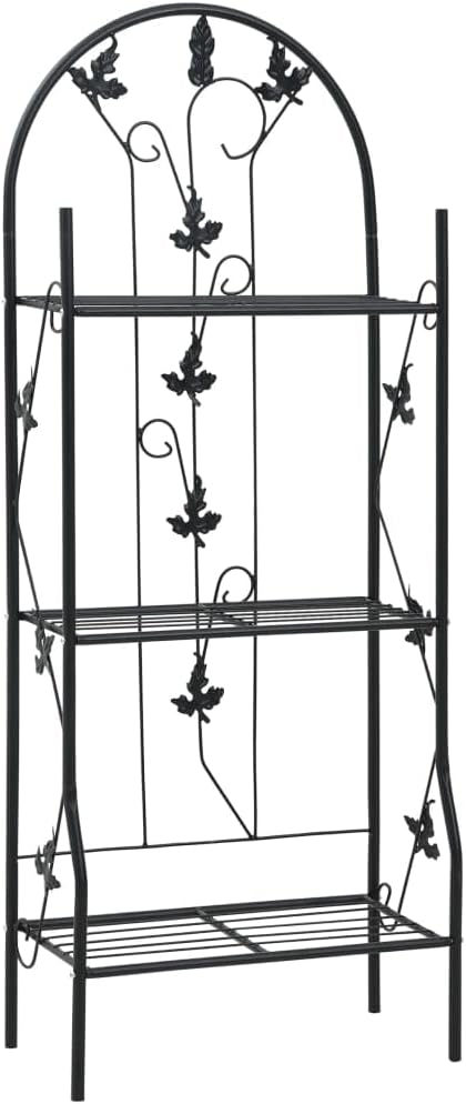 3-Tier Plant Rack, Black Powder-Coated Iron, Medium Decorative Leaf Inlays, 11x20.5x50.4 Inch, Indoor Outdoor Flower Pot Display Shelf for Balcony, Patio, Garden