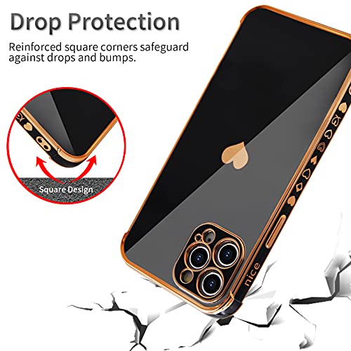 HUIYCUU for iPhone 12 Pro Max Case 6.7",Cute Glitter Sparkle Plating Loving Heart Pattern Side Print Design for Girls Women,Luxurly Screen Camera Protection Shockproof Soft Bumper Silicone Cover,Black - Image 4