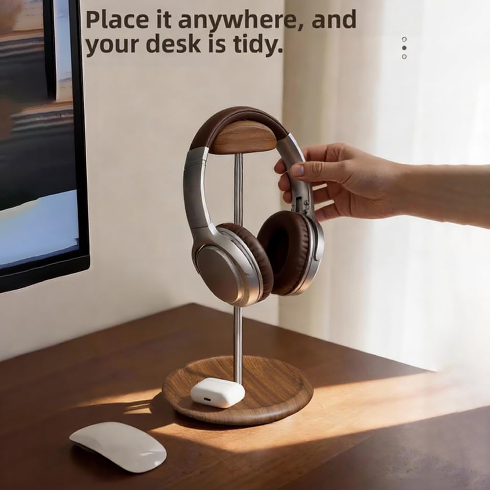 Supporto per cuffie in legno di noce e alluminio, stabile supporto da scrivania con base in silicone antiscivolo e ripiano per cuffie da gioco fino a 27 cm di altezza