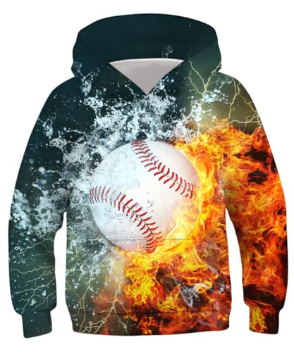 Image of Lovekider Boys Softball Hoodies 13-16 Years Old Kids Novelty Sports Hooded Sweatshirt with Big Pocket 3D Print Baseball Pullover Hoodie