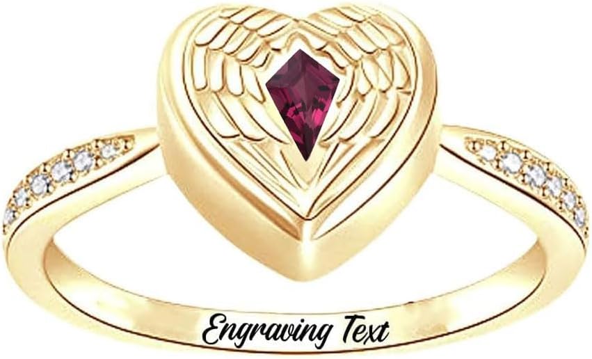 10K 14K 18K Gold Angel Wing Urn Ring for Ashes for Women, Solid Real Gold Kite Cut Birthstone Cremation Urn Ring Hold Loved Ones Ashes Keepsake Memorial Jewelry, US Size 4-18