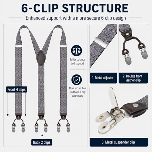 Image of Men's Heavy Duty Y-Back Suspenders, 6 Strong Metal Clips Adjustable Elastic Straps for Work, Tuxedos, and Daily Wear