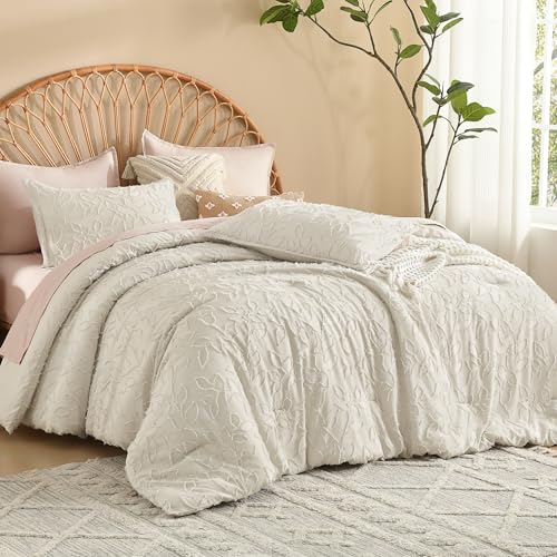 Image of Litanika Super King Plus Comforter Set Beige, 3 Piece Boho Tufted Bedding, Fluffy Farmhouse Bed Set for All Season with 2 Leaf Pattern Pillowcases(128x120In)