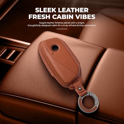 Image of Keyzone Premium Leather Key Cover & AC Vent Car Perfume Combo (4 Fragrances) | Compatible for BMW 7 Series 740i 760i X1 X7 XM IX I7, X5 2023 Onwards 4 Button Smart Key (Brown)