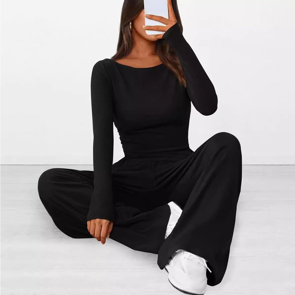 Conjunto Deportivo Mujer 2 Piezas Sudaderas Manga Larga y Pantalón Anchos Rectos con Bolsillo Cómodo Moda Color Sólido Mono para Fitness Jogging