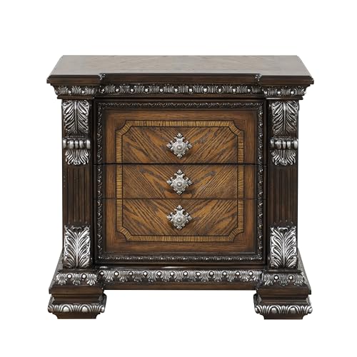 Furniture of America Byrne Traditional Solid Wood Nightstand with 2 Drawers, USB Ports and Ornate Moldings, Bedside Table, Wooden Night Stand for Bedroom, Guest Room, Dorm, Espresso