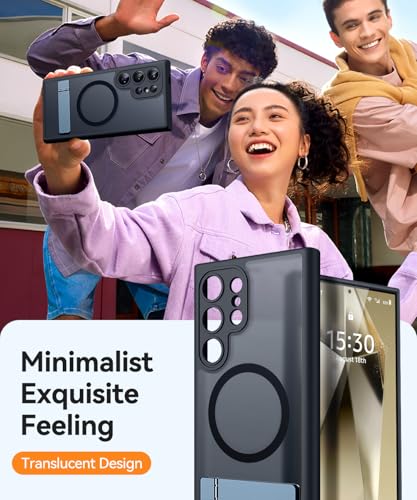 Image of CANSHN Strong Magnetic & Seamless Stand Designed for Samsung Galaxy S24 Ultra Case [Full Camera Protection] [Adjustable Kickstand] [Compatible with MagSafe] Translucent Matte Phone Cover - Black