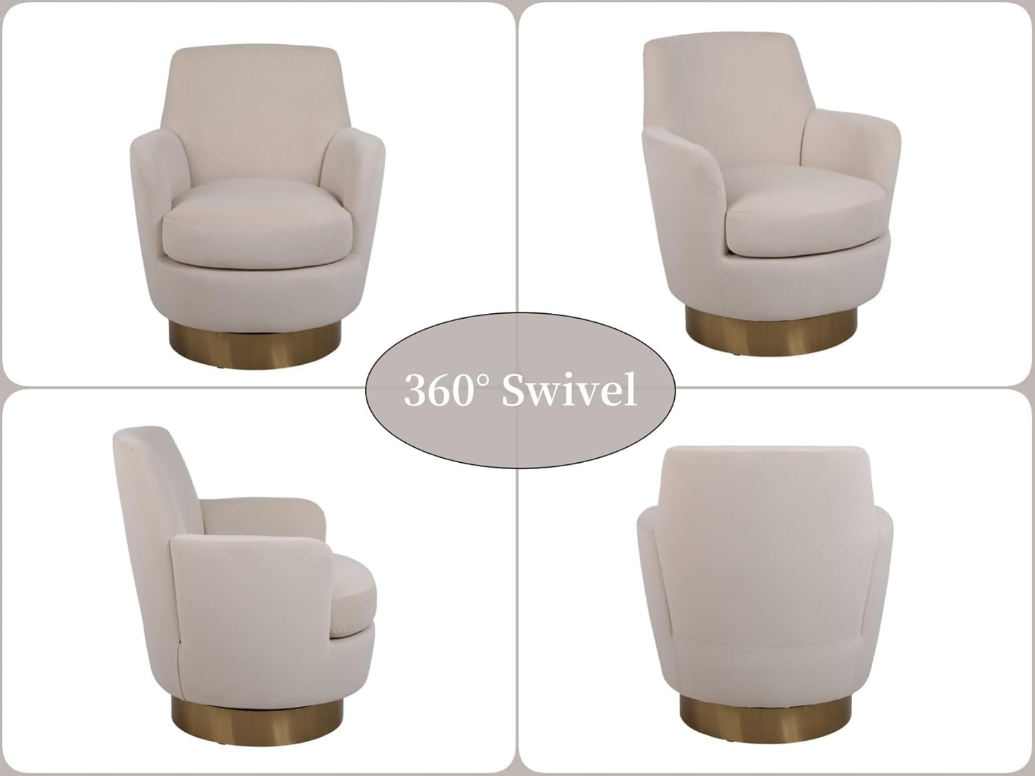 KEIKI Velvet 360° Swivel Barrel Chair with Gold Stainless Steel Base, Accent Round Single-seat Upholstered Reading Sofa Armchair for Nursery, Reading, Living Room, Bedroom, Lounge, Hotel, Beige Velvet