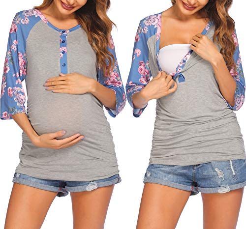 Ekouaer Summer Maternity Tunic Nusing T Shirt Elegent Breastfeeding Blouse For Work (Blue Pink Floral Xl) #TOP18