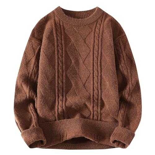Cambkatl Men's Cable Knitted Crewneck Sweaters, Pullover Loose Long Sleeve Basic Casual Solid Color Sweater Tops