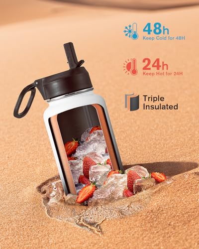Image of Coolflask 40 oz Water Bottle Insulated with Straw & 3 Leakproof Lids