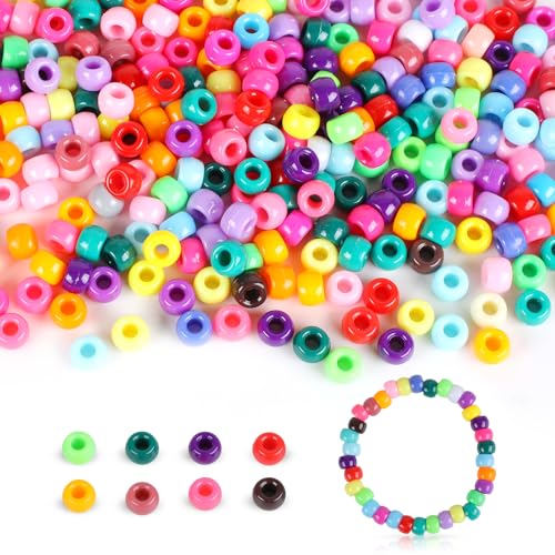 Bunte Pony Perlen zum Auffädeln 1000 Stück Transparente Perlen Großes Loch 6×9mm Haarperlen Bastelperlen für Armbänder Halsketten Schlüsselanhänger & DIY Schmuck (Bunte)