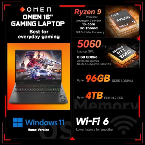 Image of HP Omen RTX 5060 Gaming Laptop, 16.1 inch FHD+ 144Hz, AMD Ryzen 9 8940HX, 64GB DDR5 RAM, 4TB SSD, RGB Backlit KB, RJ-45, Bundle with Thunderobot 7 in-1 USB-C Hub, Black, Windows 11 Home