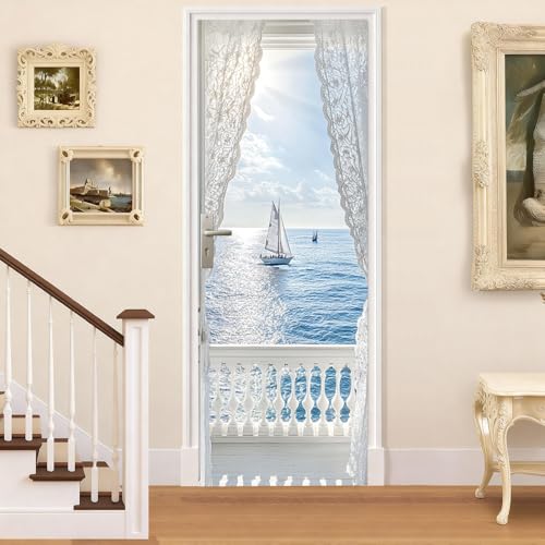 30.31 × 78.74 Inch Door Wallpaper Door Cover Balcony with Lace Curtains and Sailboats on Blue Ocean View Door Decoration Mural for Living Room Bedroom Apartment Home Entryway